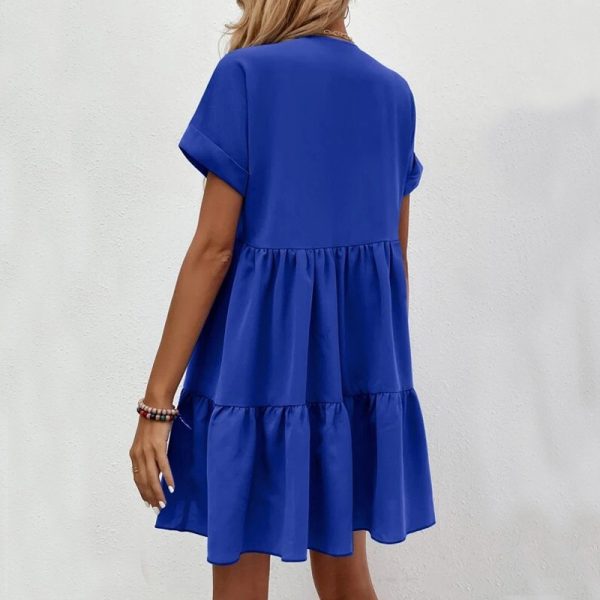 New Short-sleeved V-neck Dress Summer Casual Sweet Ruffled Dresses Solid Color Holiday Beach Dress For Womens Clothing - Image 2